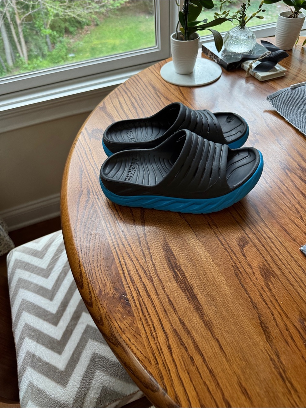 Hoka One One Black and Blue Slide Sandals